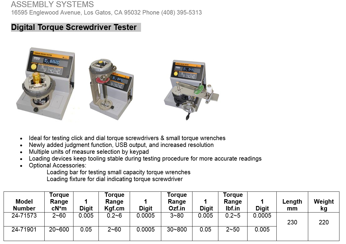 Digital Torque Screwdriver Tester Skye Industries, Inc
