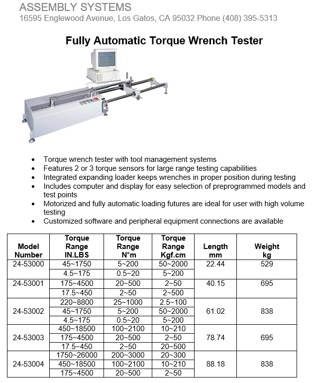 Fully Automatic Torque Wrench Tester Skye Industries, Inc