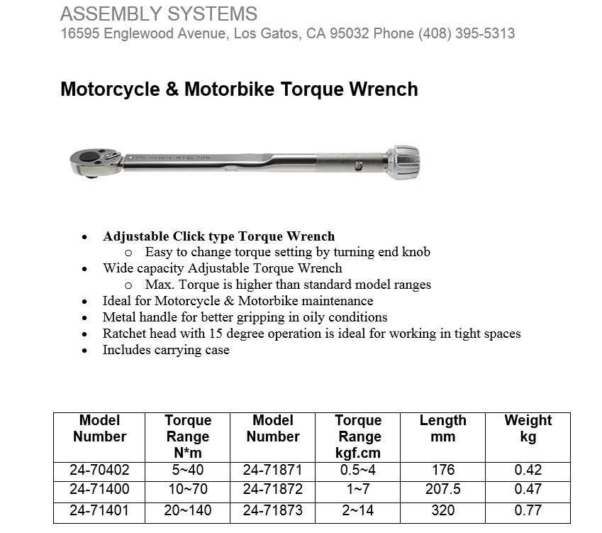 Motorcycle & Motorbike Torque Wrench Skye Industries, Inc