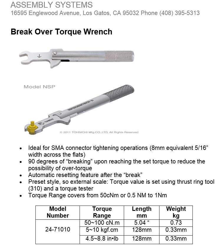 Break Over Torque Wrench Skye Industries, Inc