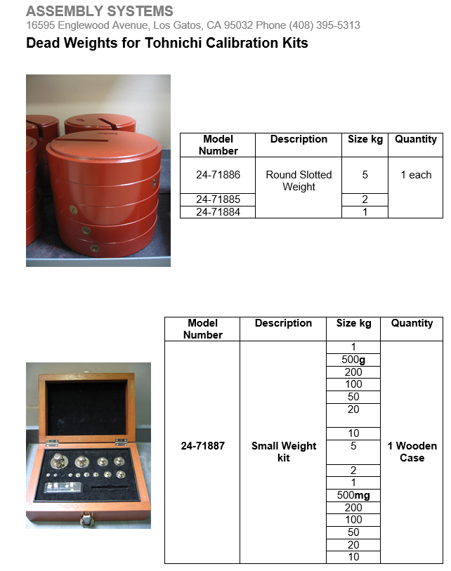 Dead Weights for Tohnichi Calibration Kits Skye Industries, Inc