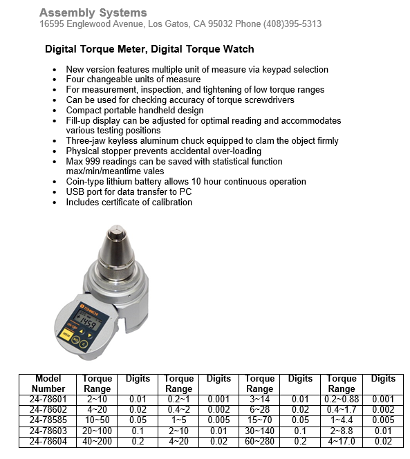 Digital Torque Meter, Digital Torque Watch Skye Industries, Inc