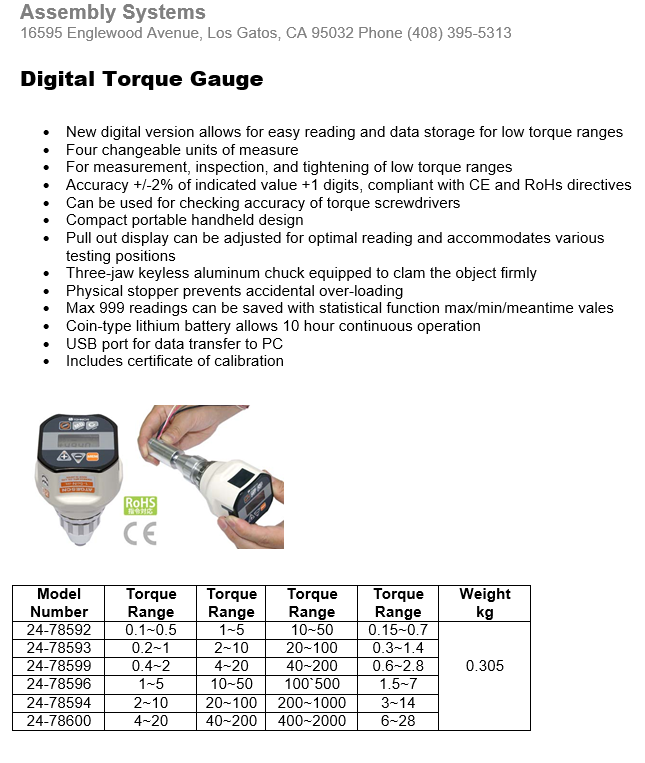 Digital Torque Gauge Skye Industries, Inc