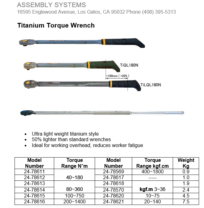 Titanium Torque Wrench Skye Industries, Inc
