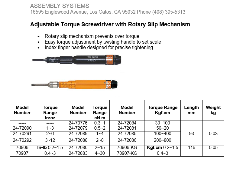Adjustable Torque Screwdriver with Rotary Slip Mechanism Skye