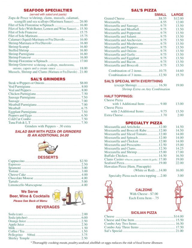 Menu Sal's Family Pizza Restaurant Monroe, Connecticut