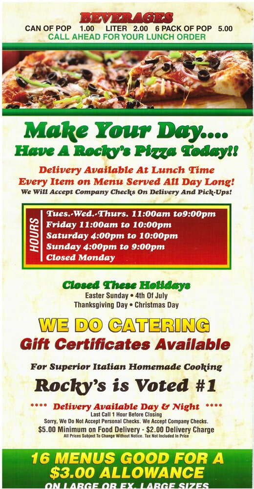 rocky s pizza restaurant menu rocky s pizza restaurant if