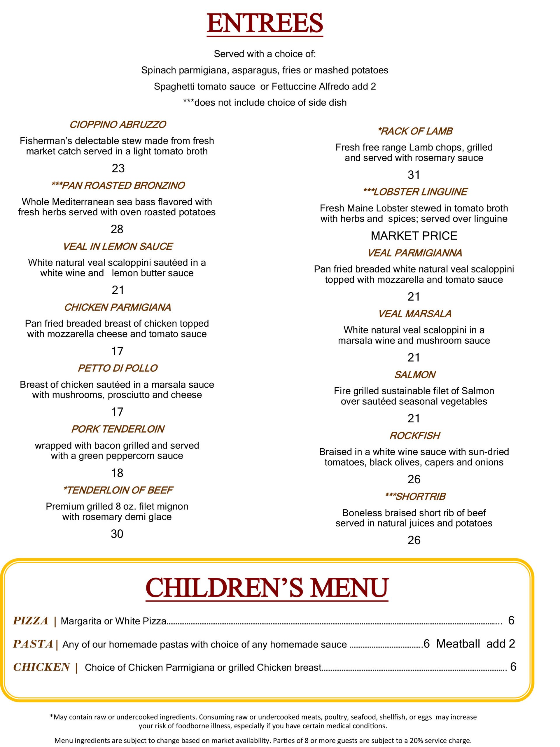 Our Menu Pistone's Italian Inn Falls Church, VA