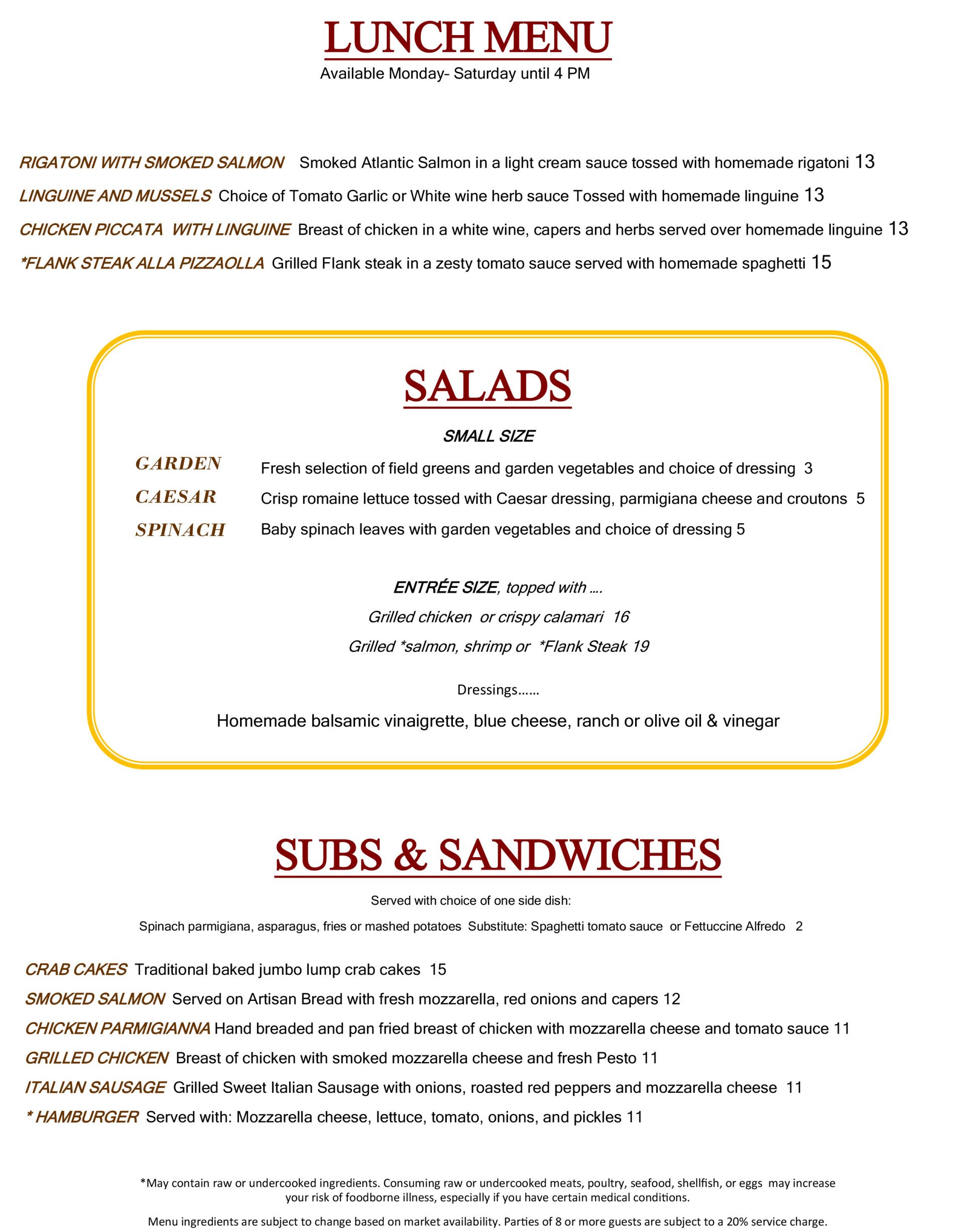 Our Menu Pistone's Italian Inn Falls Church, VA