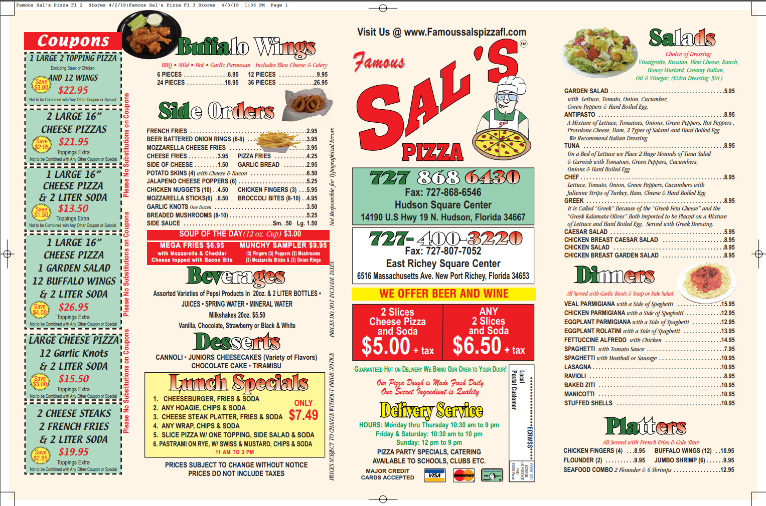 Italian Pizza Restaurant Menu Hudson, Fl Famous Sal's Pizza and