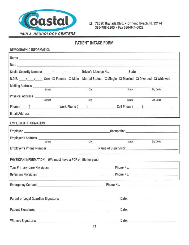 New Patients Forms Coastal Pain & Neurology Centers Ormond Beach, FL