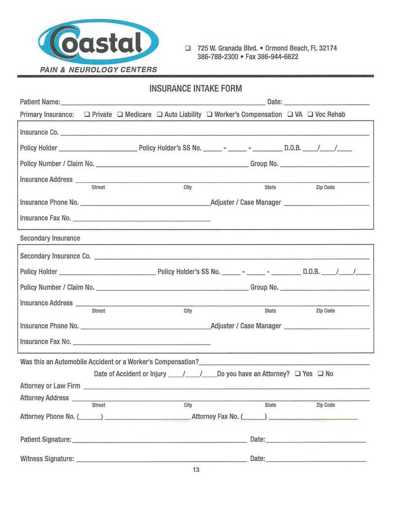 New Patients Forms Coastal Pain & Neurology Centers Ormond Beach, FL