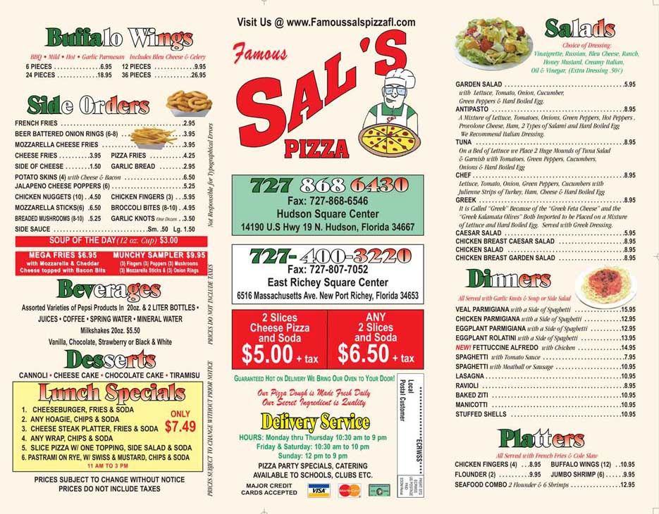 Italian Pizza Restaurant Menu | Hudson, Fl | Famous Sal's Pizza and ...